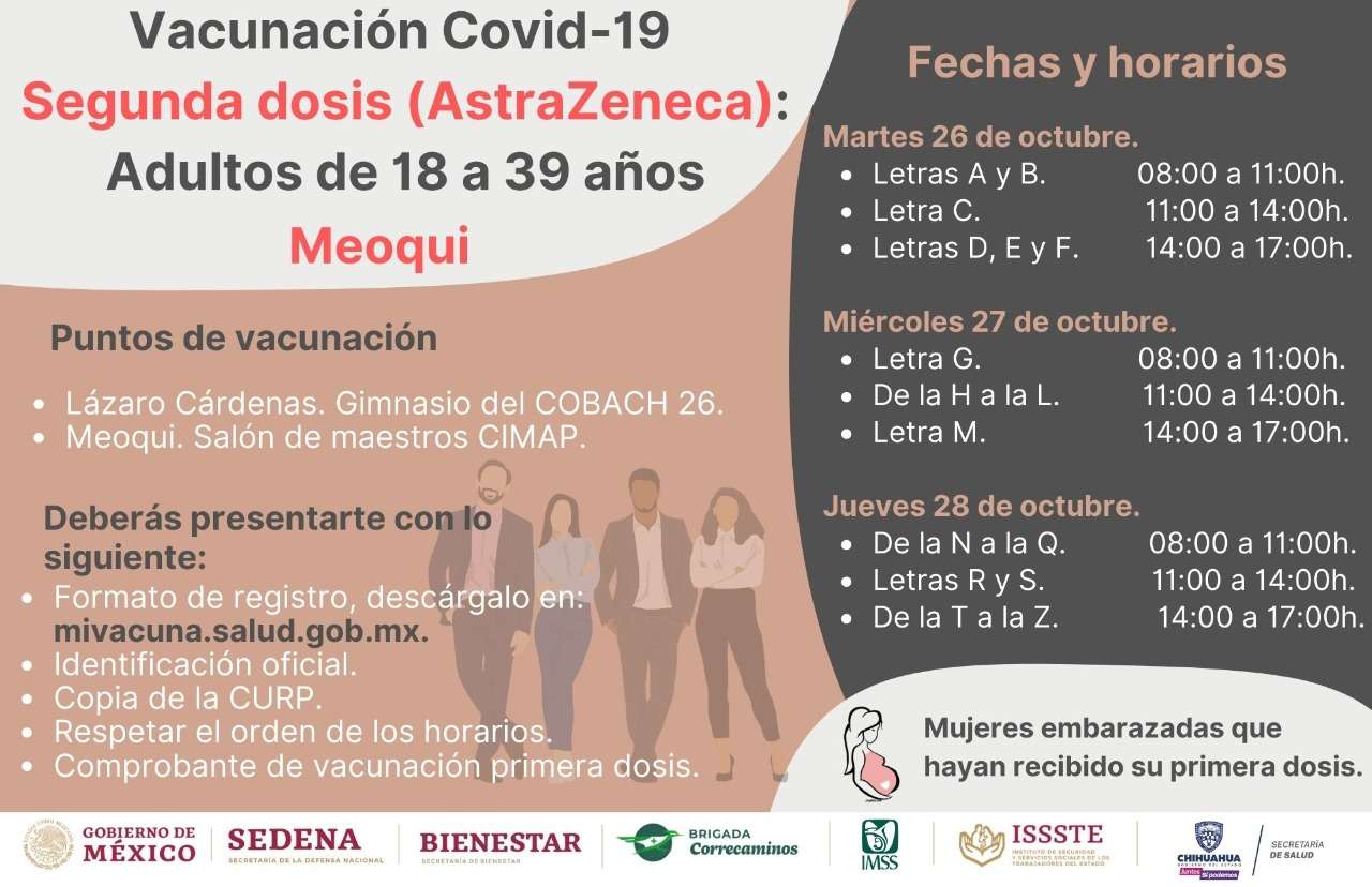 Aplicarán segunda dosis de vacuna a mayores 18 en meoqui