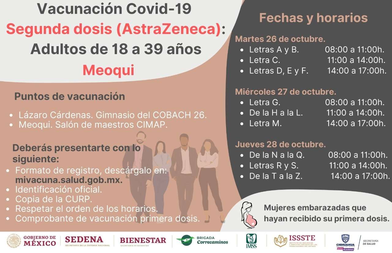 Aplicarán segunda dosis de vacuna a mayores 18 en meoqui 