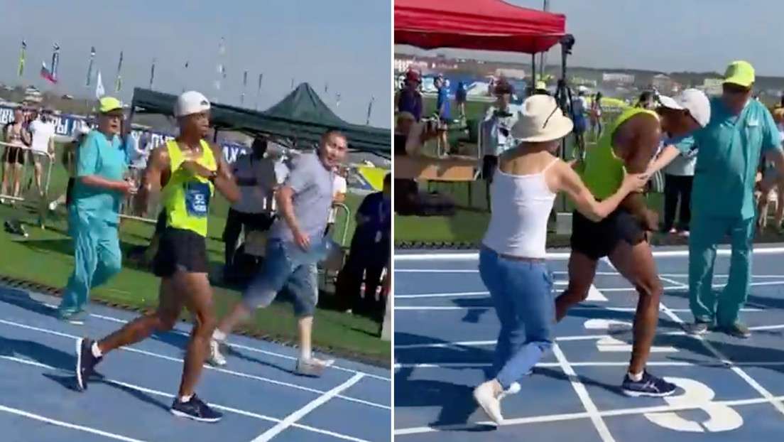 Se marea atleta en la recta final y lo empujan para ganar