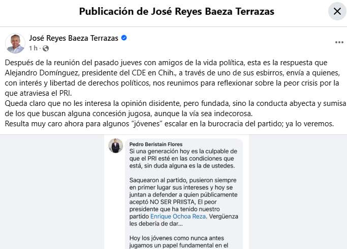 Responde Reyes Baeza al presidente del PRI estatal