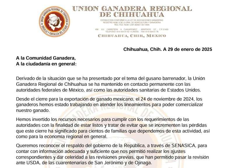 Cambio de gobierno en EU no permite abrir puertas a ganado: Ugrch