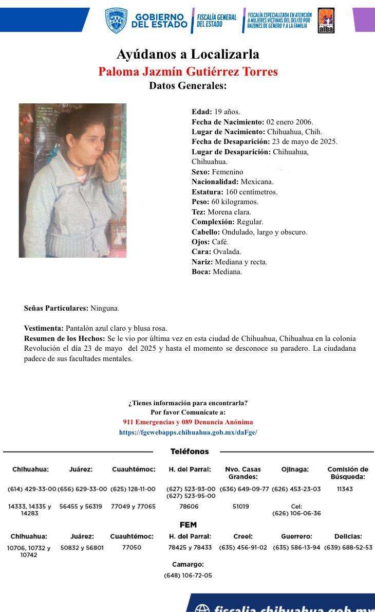 Piden ayuda para encontrar a Paloma Jazmín Gutiérrez Torres