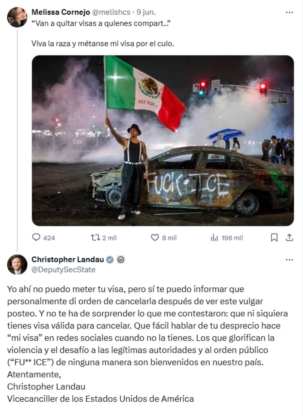 Cancela Landau visa a morenista por posteo vulgar; ella ni siquiera tenía visa válida