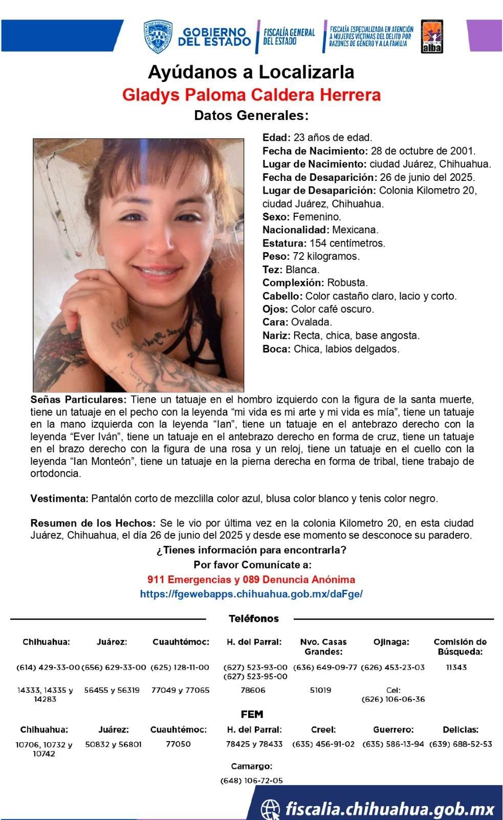 Piden ayuda para localizar a Gladys Paloma desaparecida en el Km 20