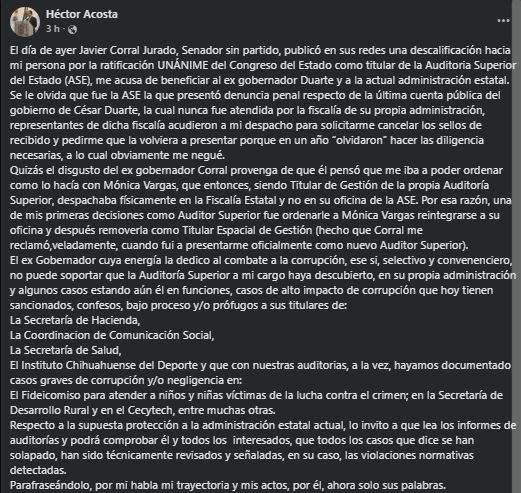 Me pidió Corral retirar sellos de una auditoría: Héctor Acosta