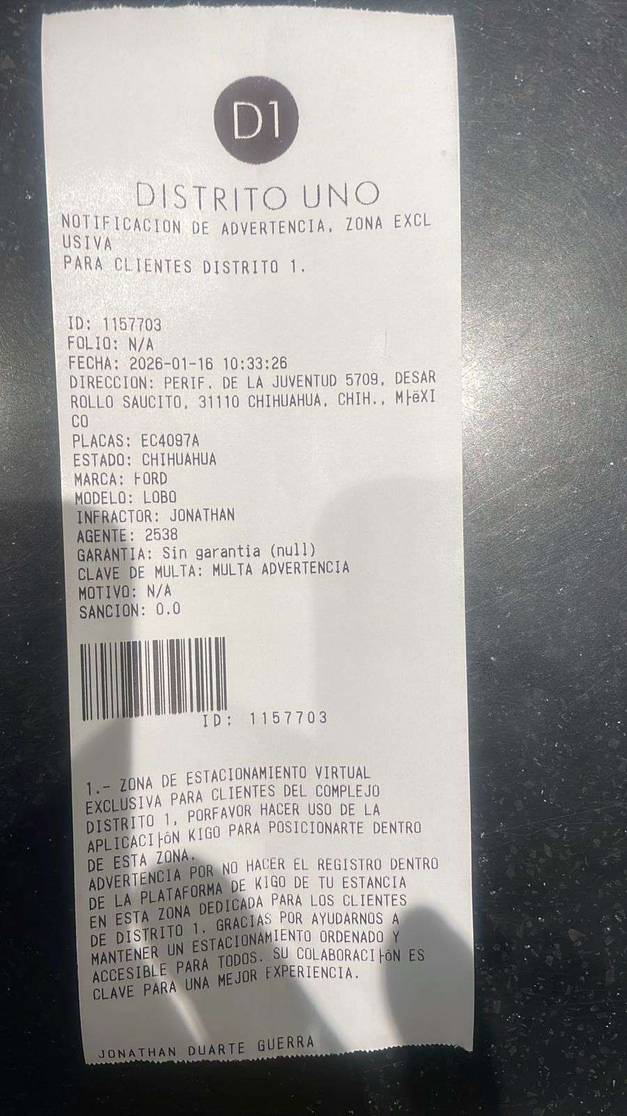 Multa personal del D1 a vehículos en la zona