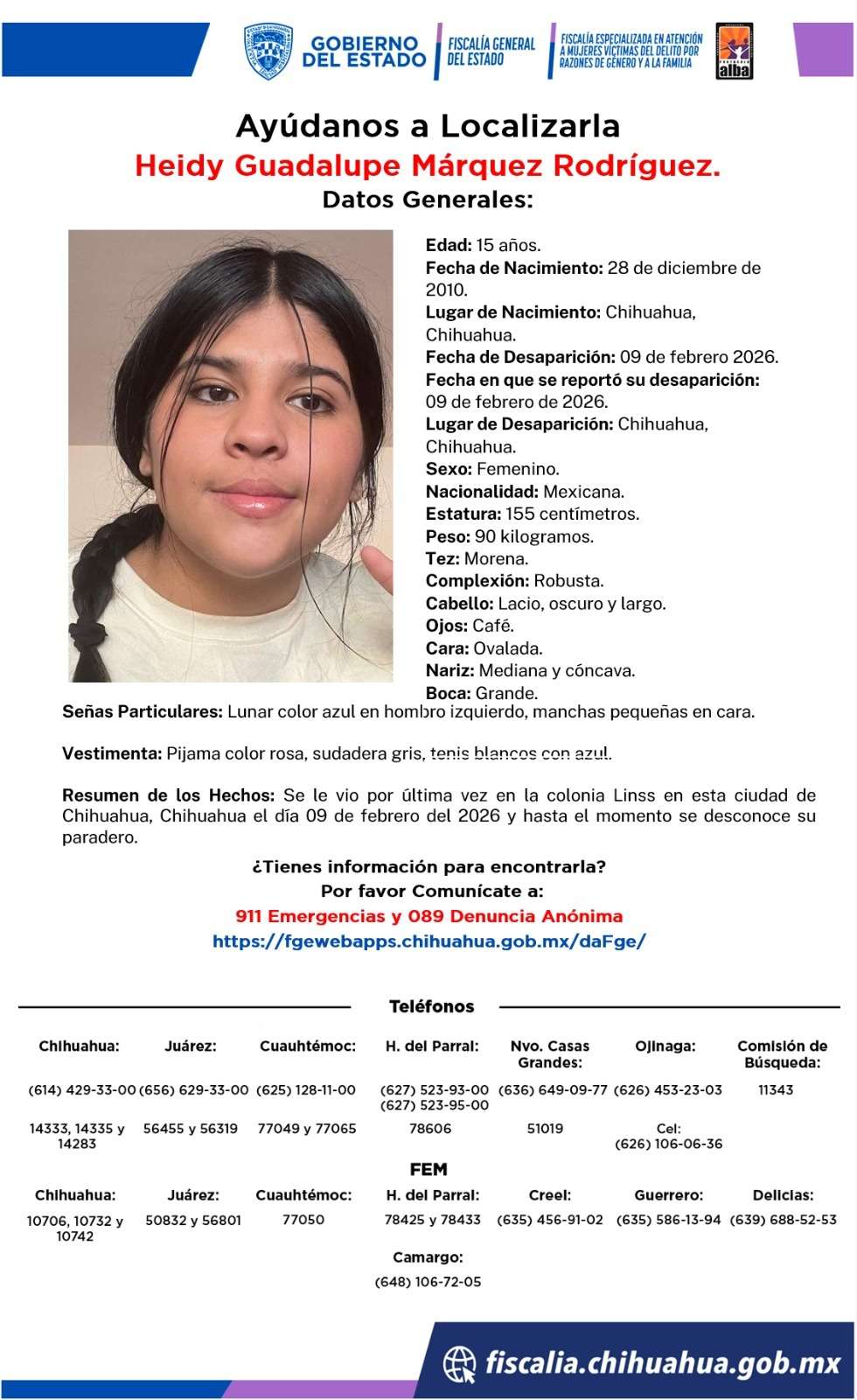 Buscan a jovencita de 15 años desaparecida en la colonia Linss