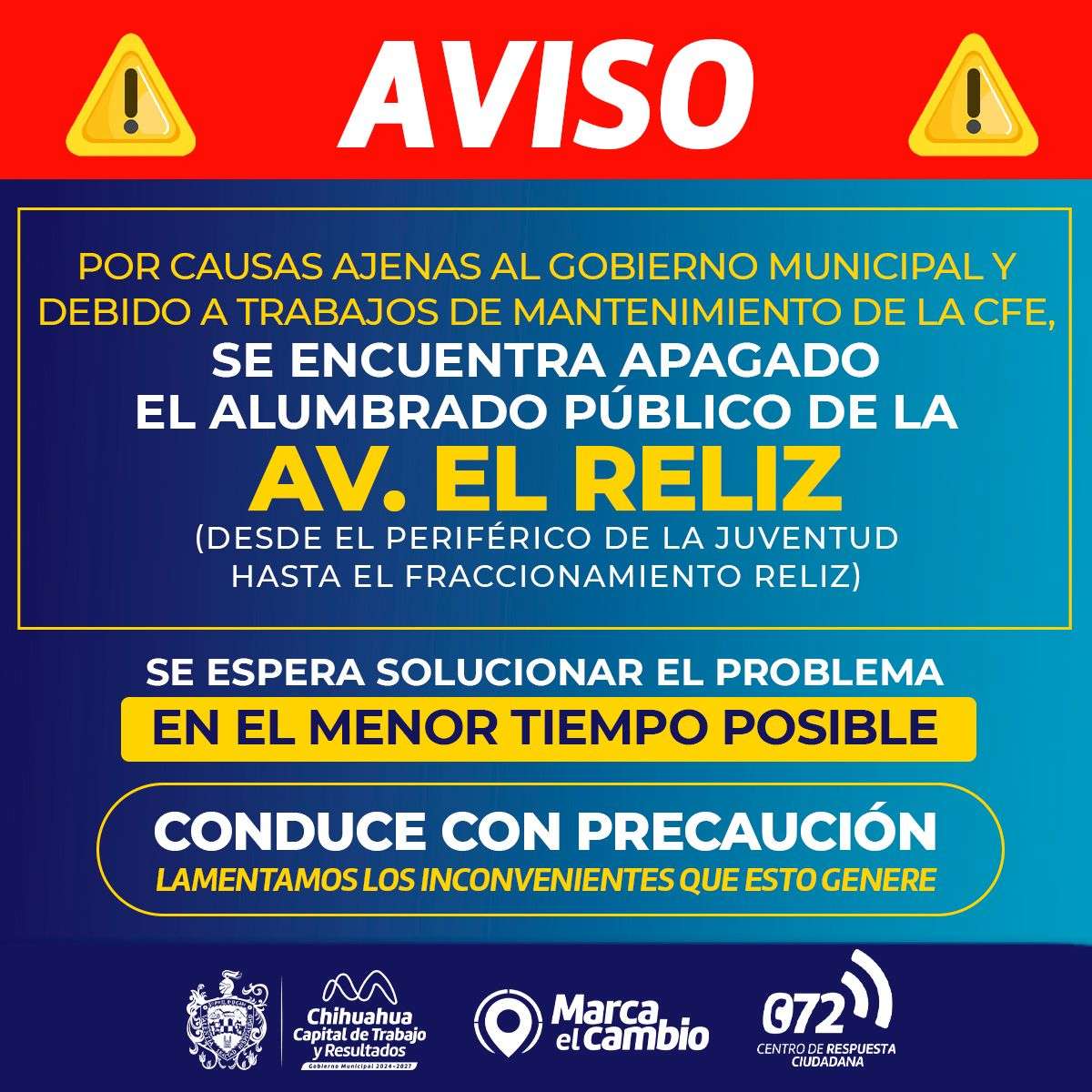 Apagan temporalmente alumbrado del Reliz por trabajos de CFE