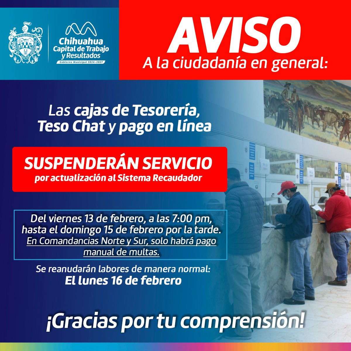 Anuncian suspensión temporal de pagos en Tesorería Municipal