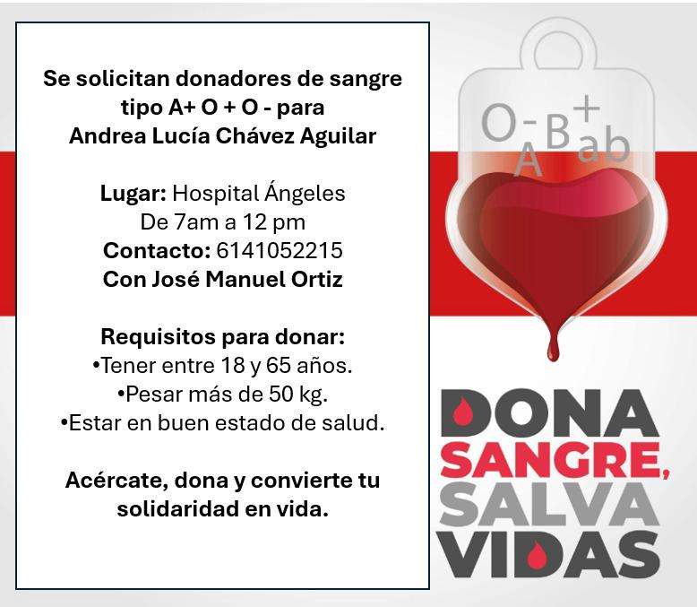 Solicitan donadores de sangre para paciente en Hospital Ángeles 