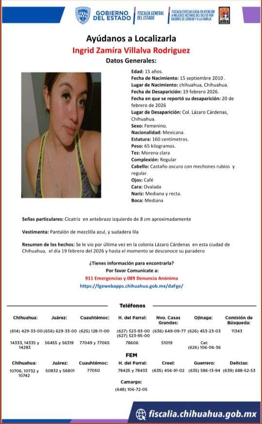 Buscan a jovencita desaparecida en la colonia Lázaro Cárdenas