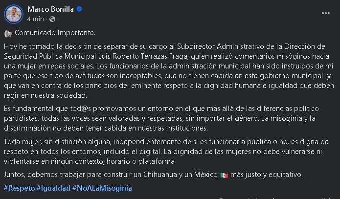 Destituye Alcalde a Subdirector de Dspm por comentarios misóginos