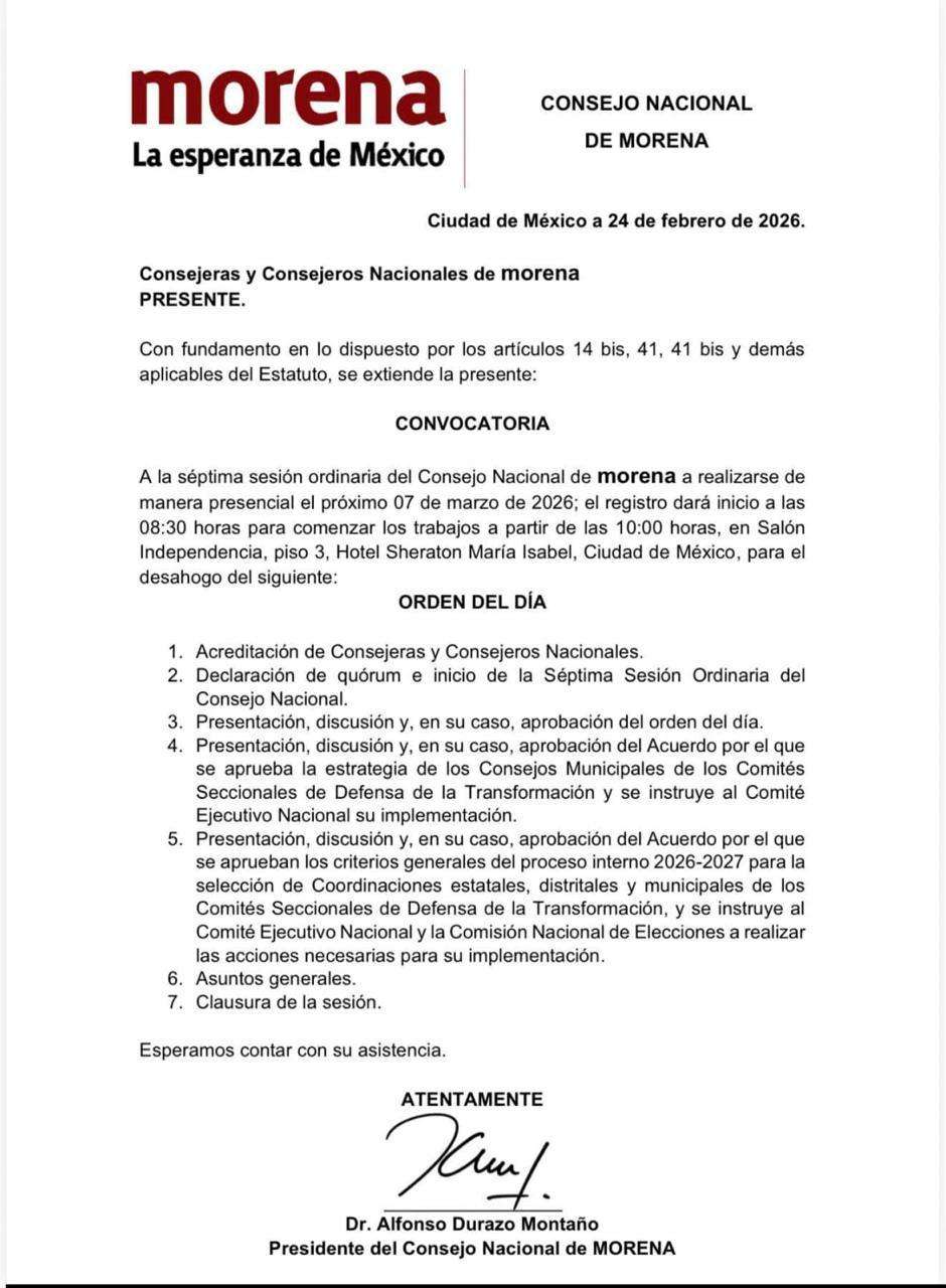 Definirá Morena ruta interna rumbo a 2027 en Consejo Nacional
