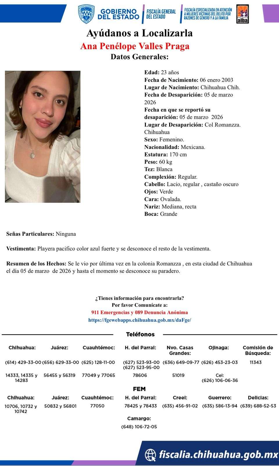 Buscan a jovencita desaparecida en Romanzza