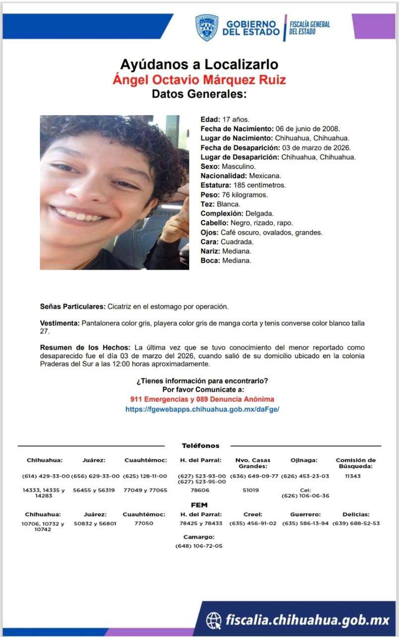 Buscan a menor de 17 años desaparecido en Praderas del Sur