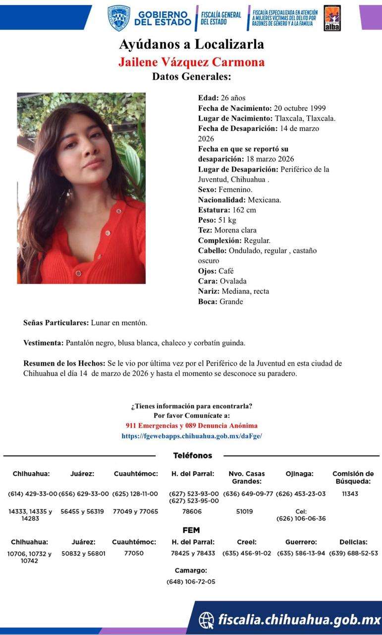 Piden ayuda para encontrar a mujer desaparecida en Chihuahua