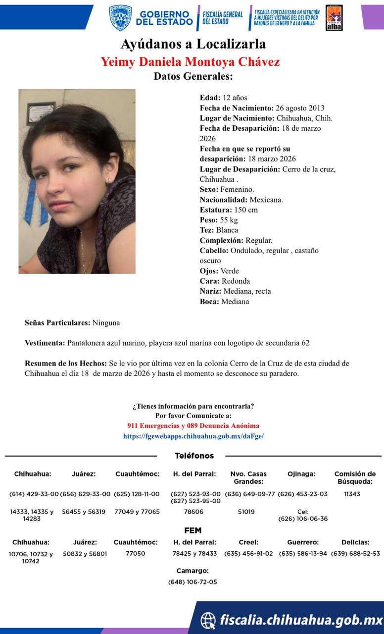 Desaparece jovencita de 12 años en la colonia Cerro de la Cruz