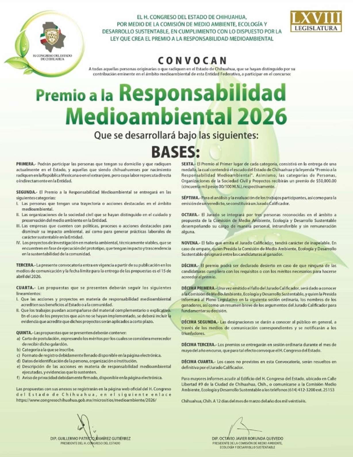 Lanzan convocatoria para Premio a Responsabilidad Medioambiental 2026