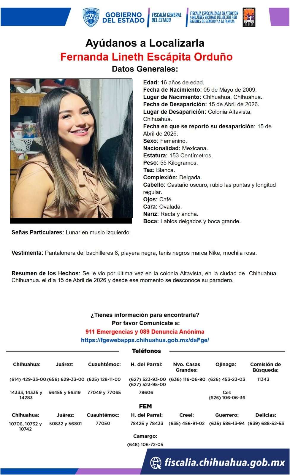 Desaparece estudiante del Cobach 8 en la colonia Altavista
