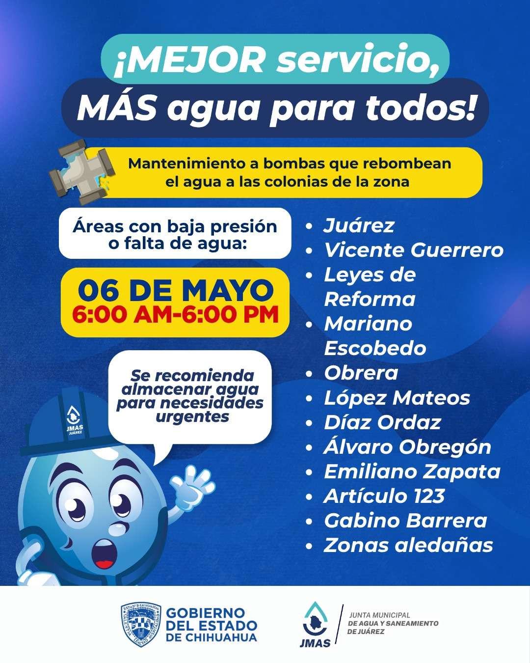 Suspenderán servicio de agua en varias colonias por mantenimiento