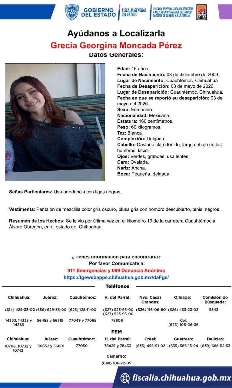 Desaparece jovencita en carretera Cuauhtémoc–Álvaro Obregón