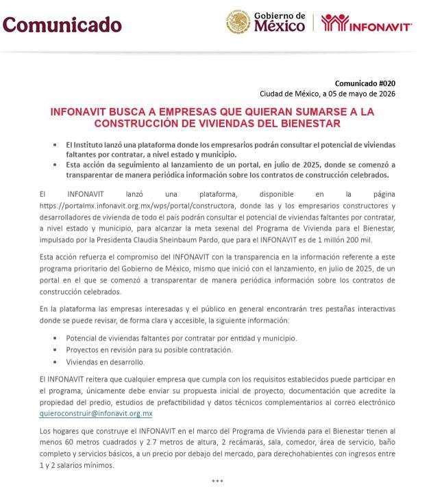 Buscan a empresas que quieran sumarse a construcción de viviendas Bienestar