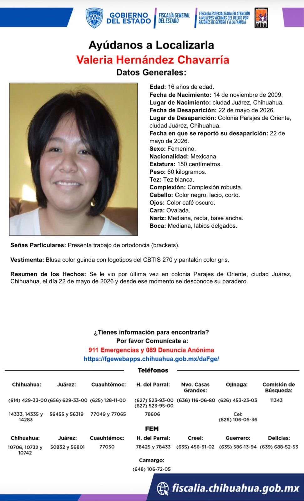 Buscan a Valeria Hernández Chavarría, desaparecida en Parajes de Oriente