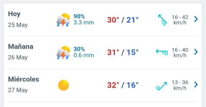 Día parcialmente nublado con 30°C y probabilidad de lluvia 