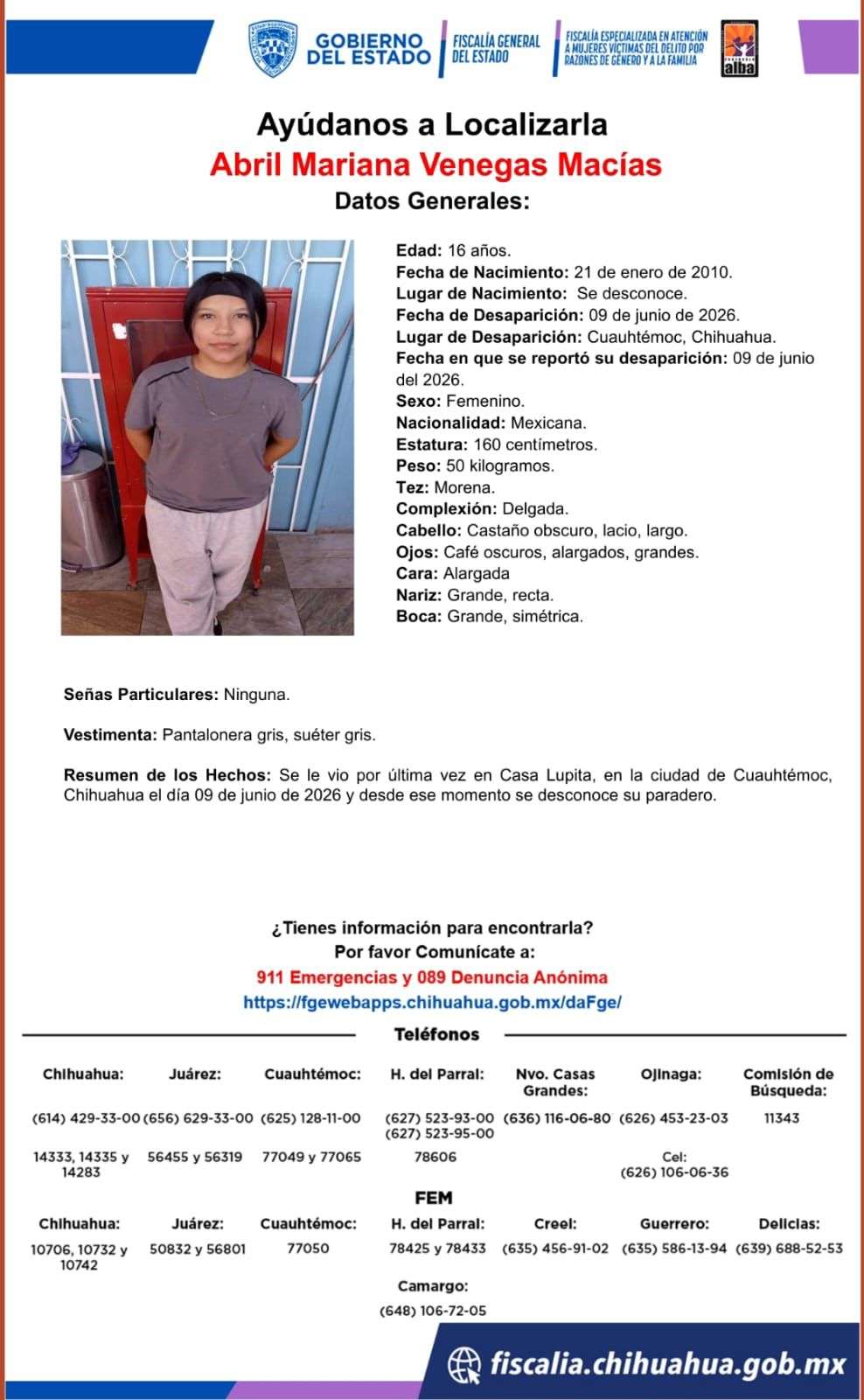 Desaparece jovencita en Cuauhtémoc