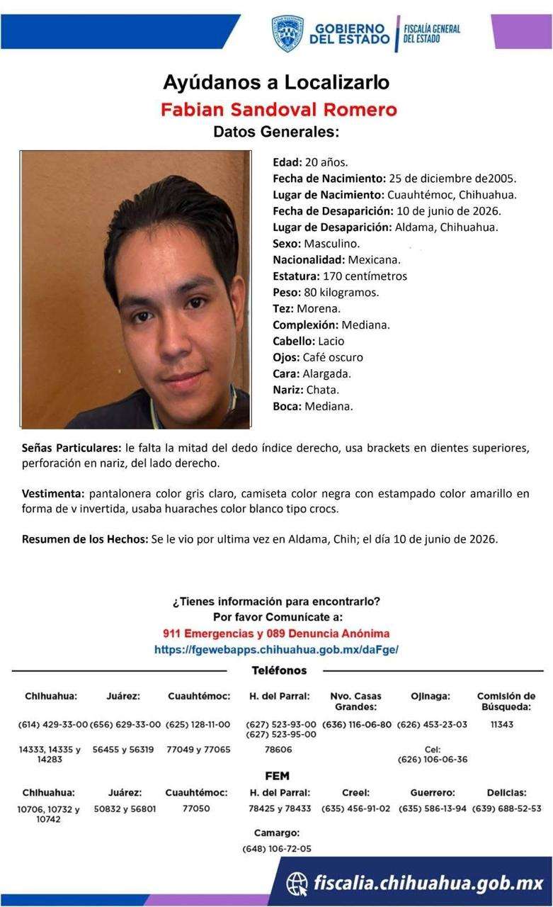 Piden ayuda para localizar a joven desaparecido en Aldama