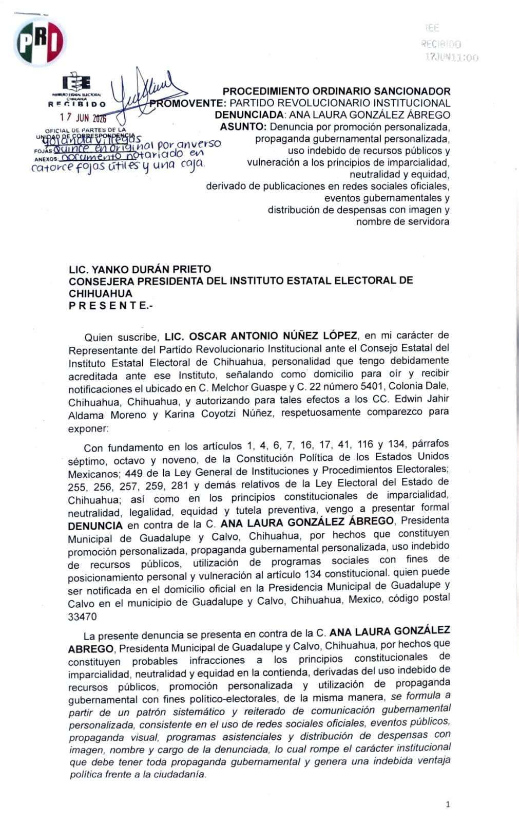 Denuncia PRI a alcaldesa de Guadalupe y Calvo ante el IEE