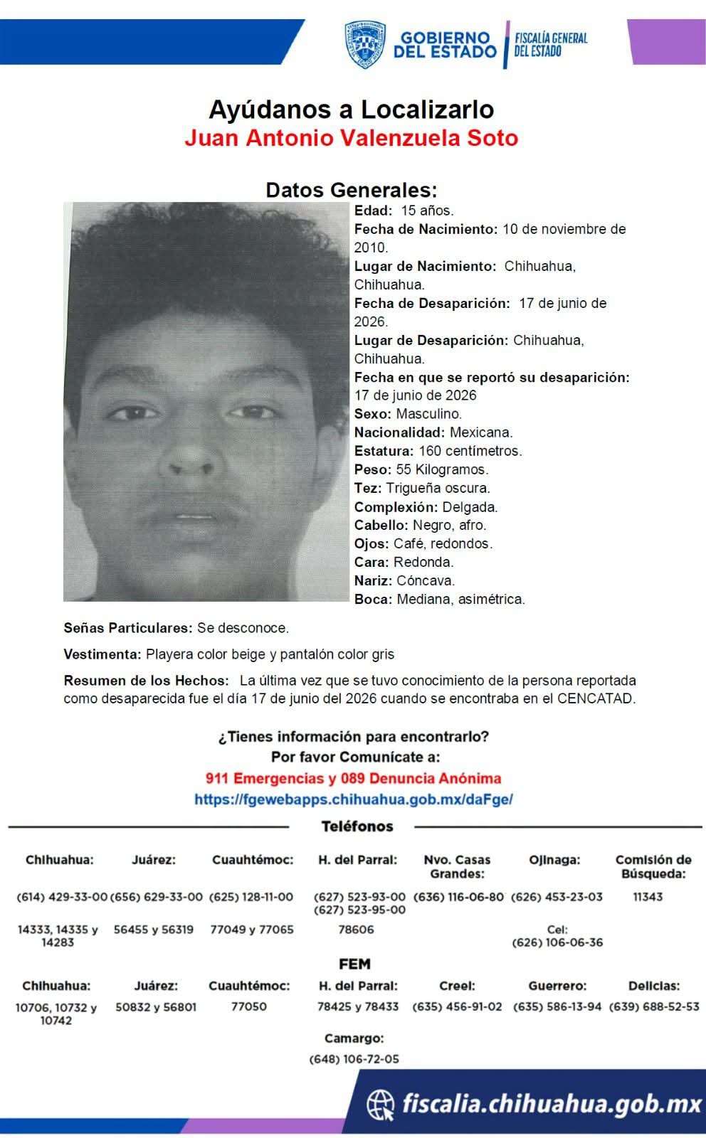 Desaparece adolescente de 15 años en la ciudad de Chihuahua 