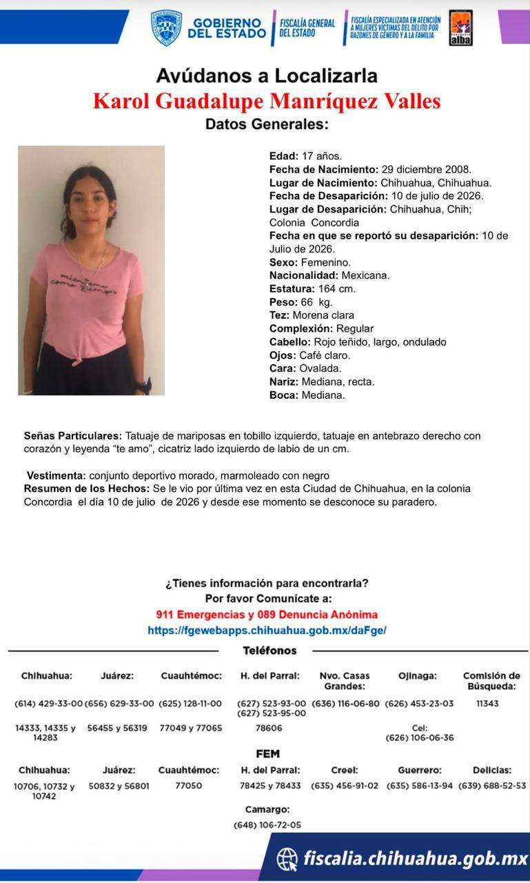Buscan a jovencita desaparecida en la colonia Concordia