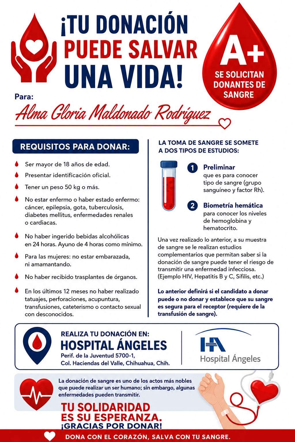 Solicitan donadores de sangre A+ para Alma Gloria Maldonado 