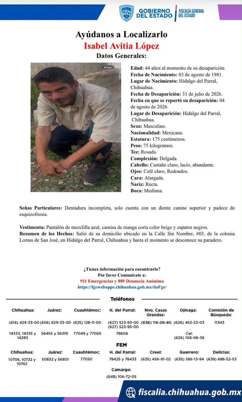 Buscan a Isabel Avitia López desaparecido en Parral