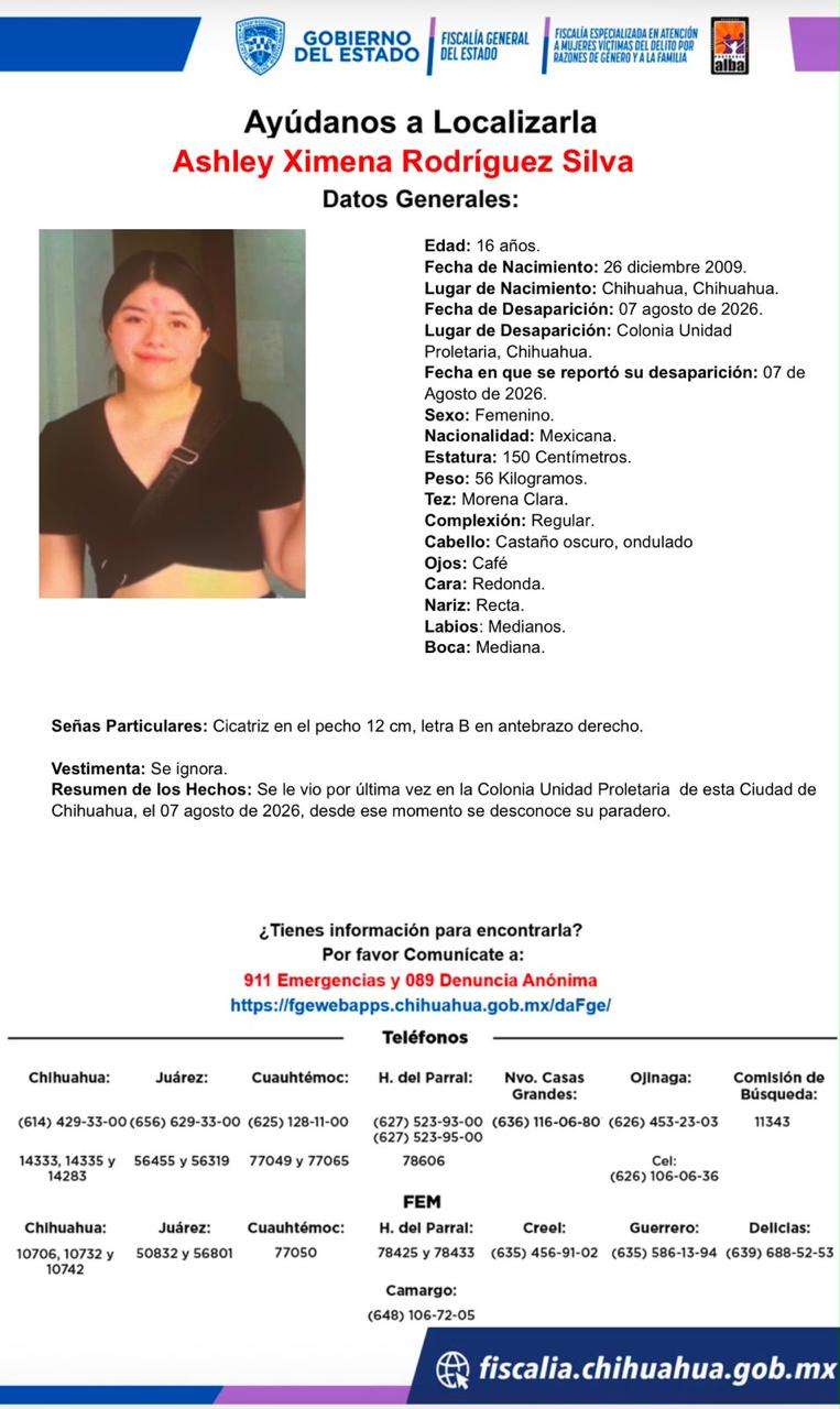 Buscan a jovencita desaparecida en la colonia Unidad Proletaria 