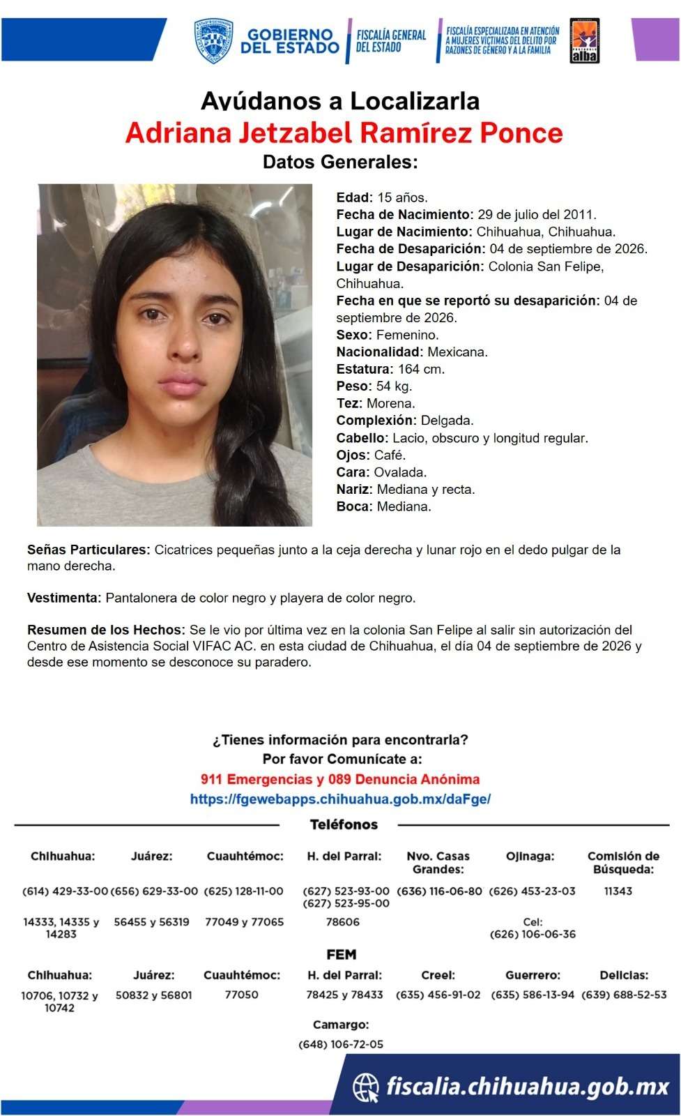 Desaparece jovencita de 15 años en la colonia San Felipe 