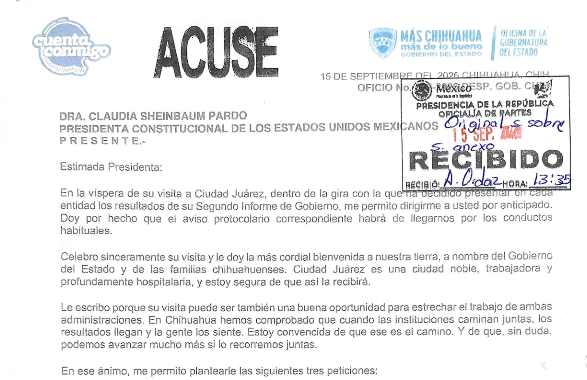 Pide Maru a Sheinbaum recibirla en Ciudad Juárez