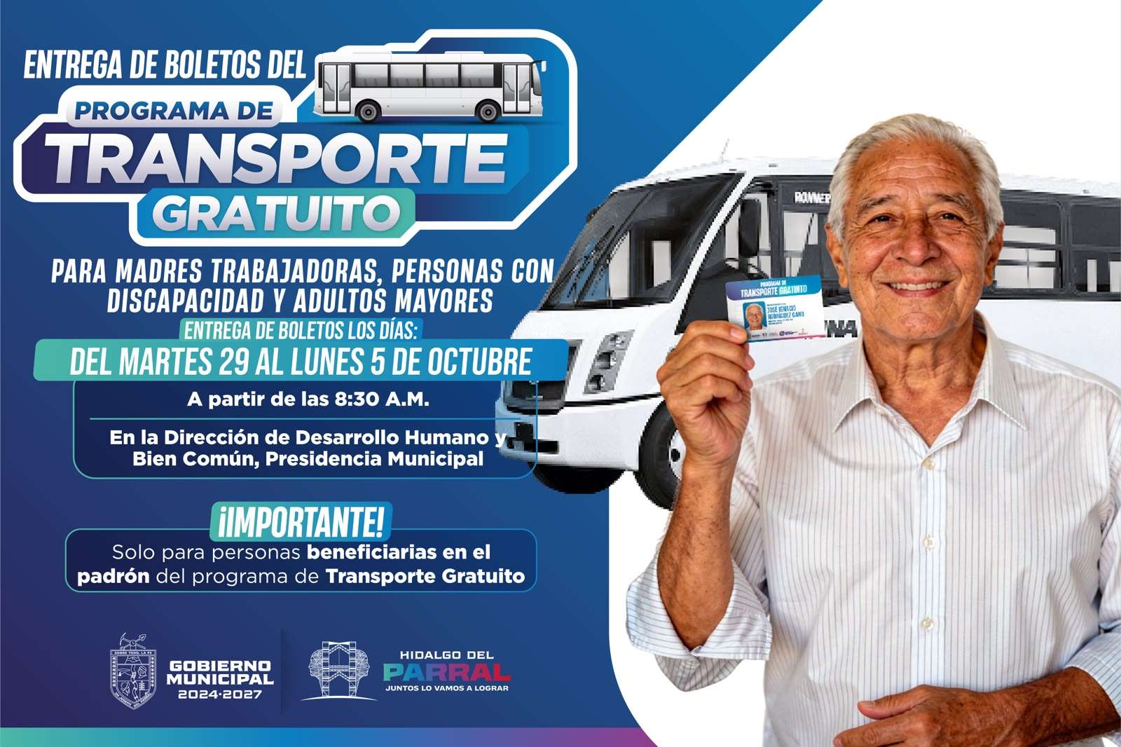Anuncia Parral entrega de boletos para Transporte Gratuito